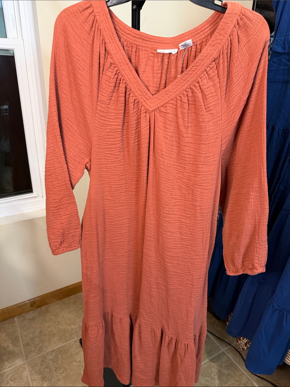 Lucky Brand Rust Orange Textured V-Neck Long Sleeve Dress2194